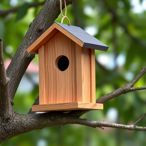 Wooden bird box on tree branch