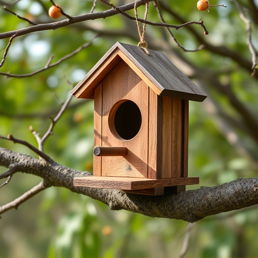 Wooden bird box on tree branch