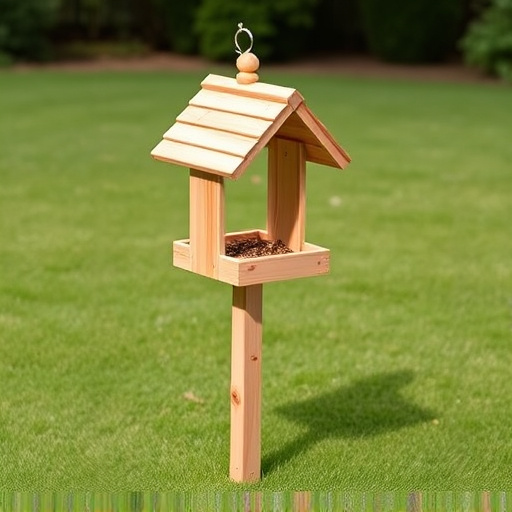 Wooden freestanding bird feeder on lawn
