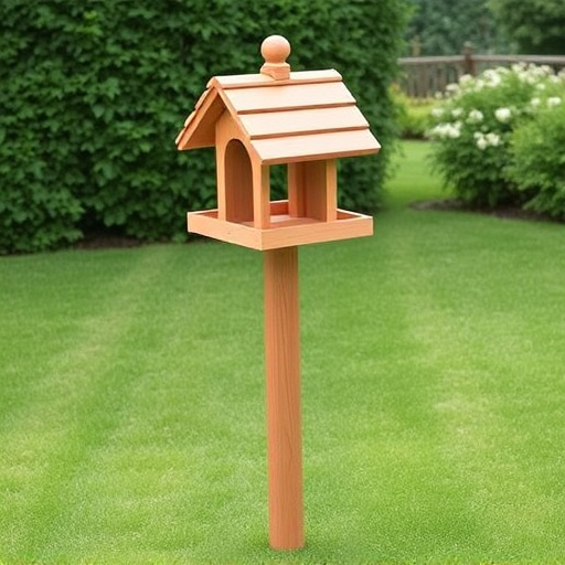 Wooden freestanding bird feeder on lawn