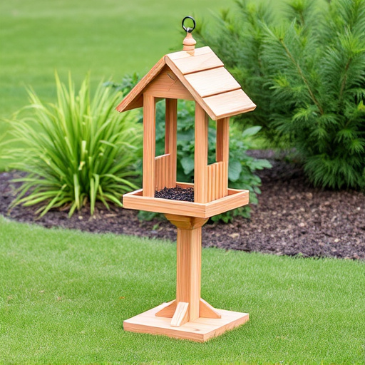 Wooden freestanding bird feeder on lawn
