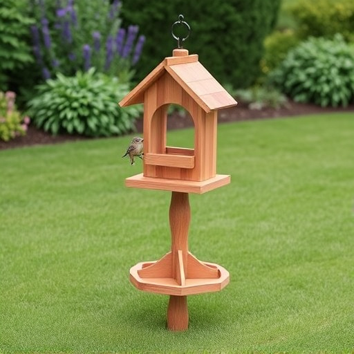 Wooden freestanding bird feeder on lawn