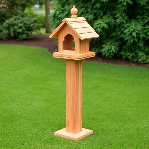 Wooden freestanding bird feeder on lawn