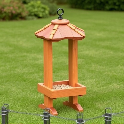 Wooden freestanding bird feeder on lawn