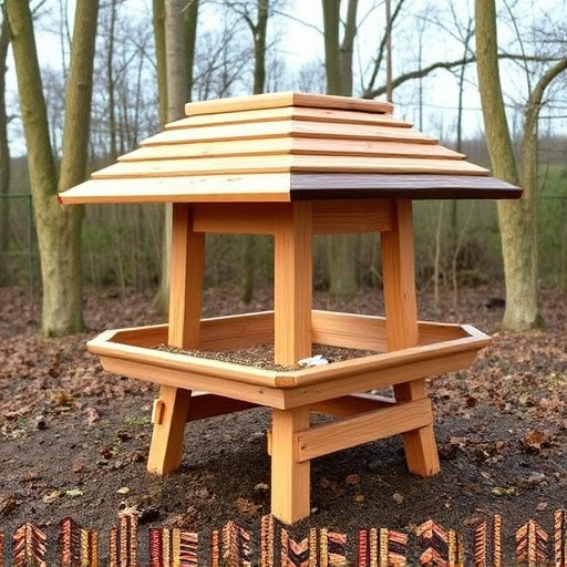 Wooden ground feeder with pitched roof