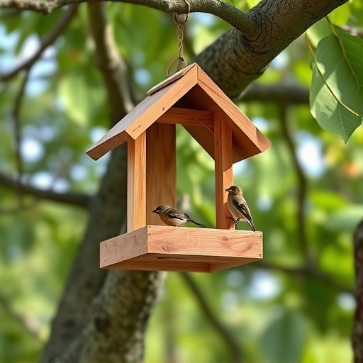 Wooden hanging bird table in tree