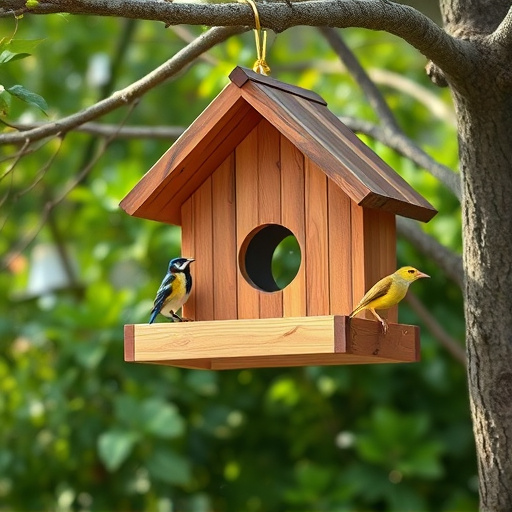 Wooden hanging bird table in tree