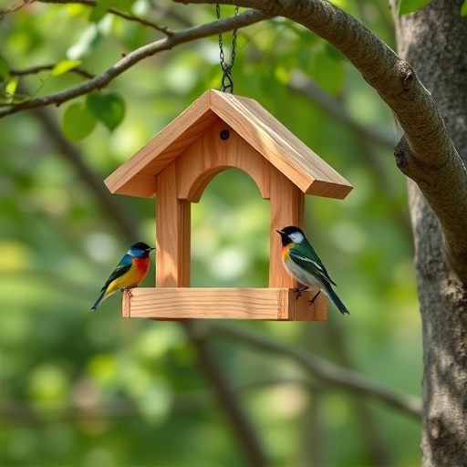 Wooden hanging bird table in tree