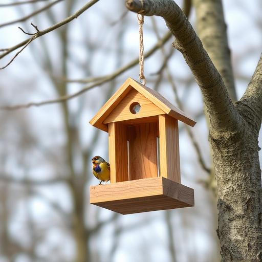 Wooden hanging bird table in tree
