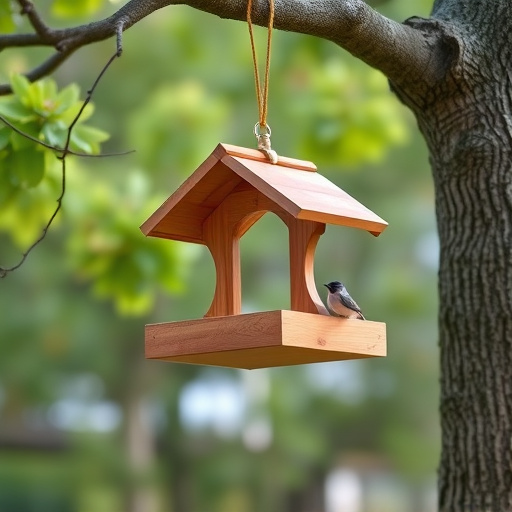 Wooden hanging bird table in tree