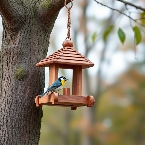 Wooden hanging bird table in tree