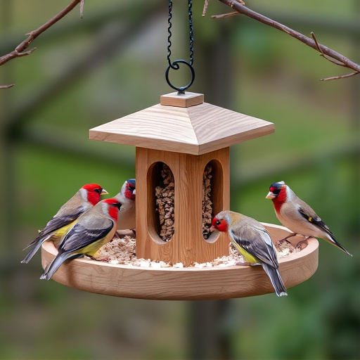 Wooden tray feeder surrounded by finches