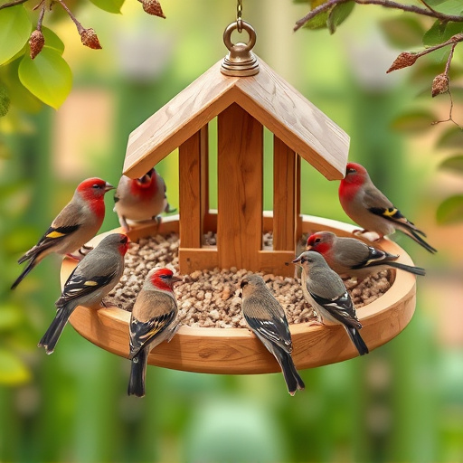 Wooden tray feeder surrounded by finches