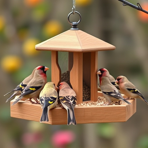 Wooden tray feeder surrounded by finches