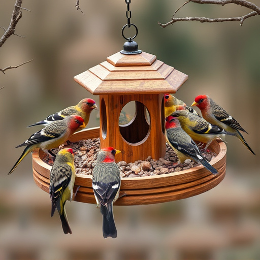 Wooden tray feeder surrounded by finches