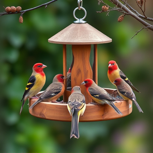 Wooden tray feeder surrounded by finches