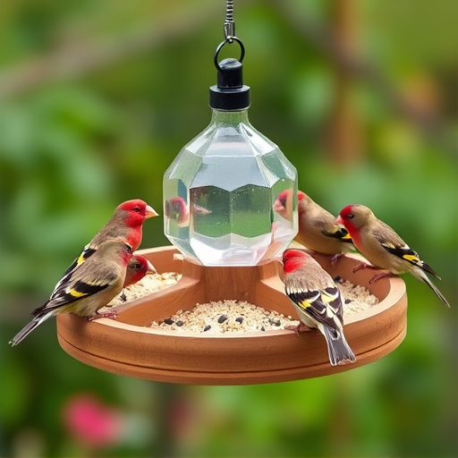 Wooden tray feeder surrounded by finches