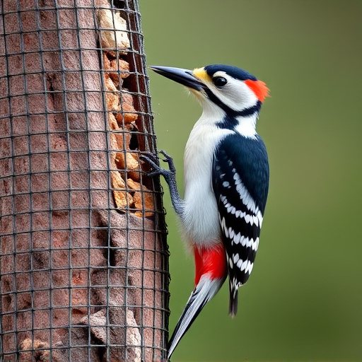 Woodpecker feeding on suet block