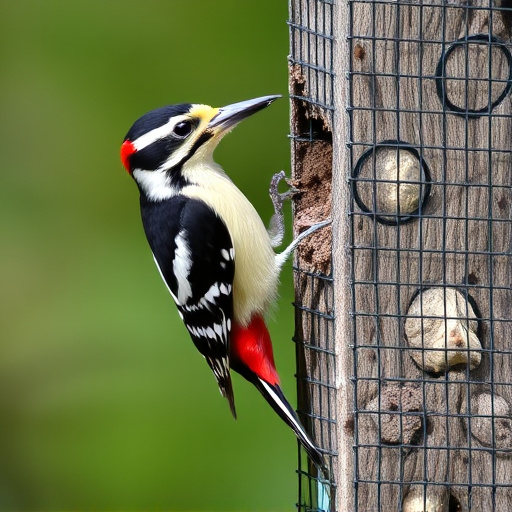 Woodpecker feeding on suet block