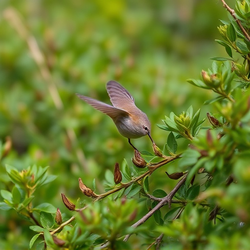 Wren flitting through dense hedgerow