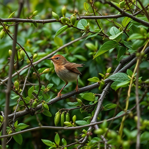 Wren flitting through dense hedgerow