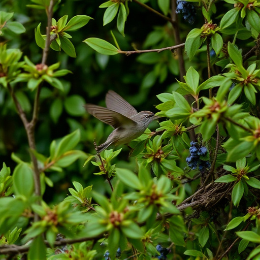 Wren flitting through dense hedgerow