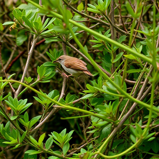 Wren flitting through dense hedgerow
