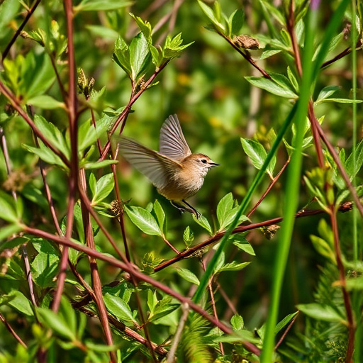 Wren flitting through dense hedgerow