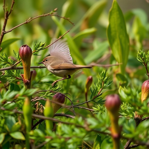 Wren flitting through dense hedgerow