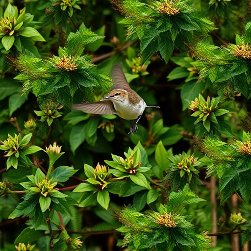 Wren flitting through dense hedgerow