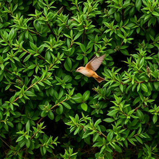 Wren flitting through dense hedgerow