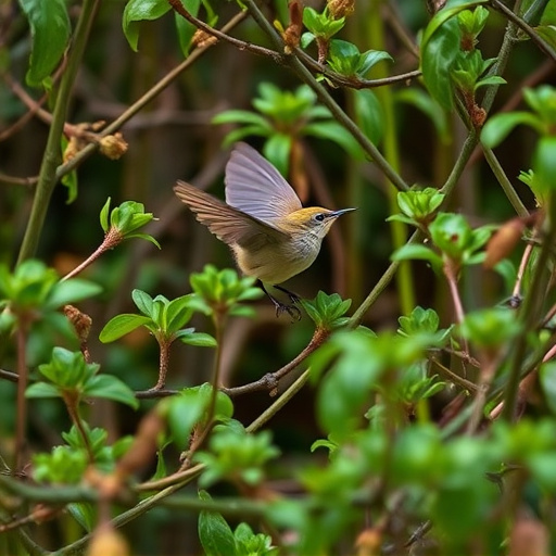 Wren flitting through dense hedgerow