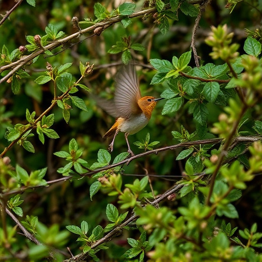 Wren flitting through dense hedgerow