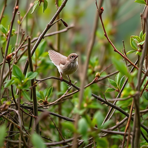 Wren flitting through dense hedgerow
