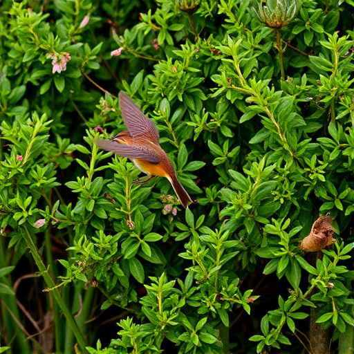 Wren flitting through dense hedgerow