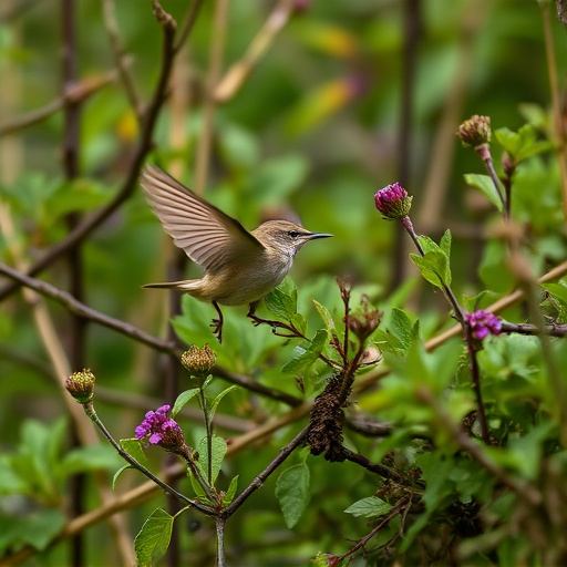 Wren flitting through dense hedgerow