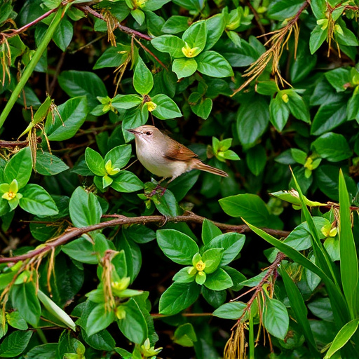 Wren flitting through dense hedgerow