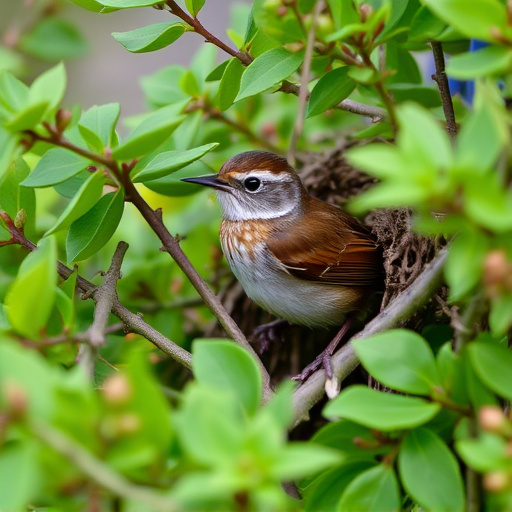 Wren nestled in dense garden shrub