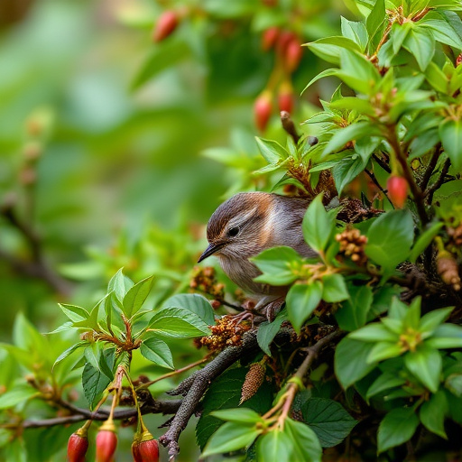 Wren nestled in dense garden shrub
