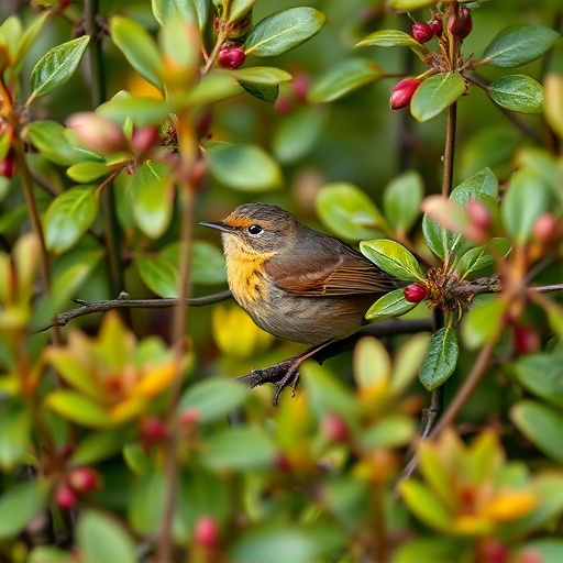 Wren nestled in dense garden shrub