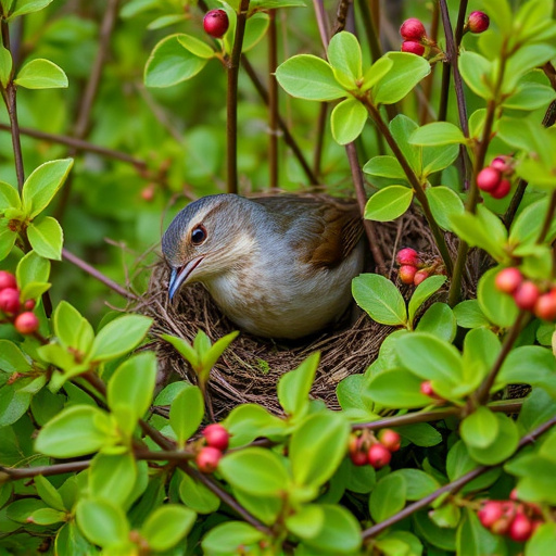 Wren nestled in dense garden shrub