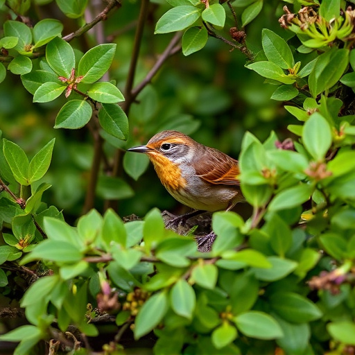 Wren nestled in dense garden shrub