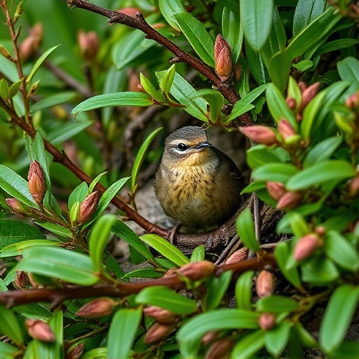 Wren nestled in dense garden shrub