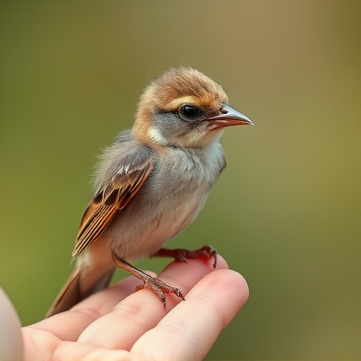 Young fledgling bird being hand-fed