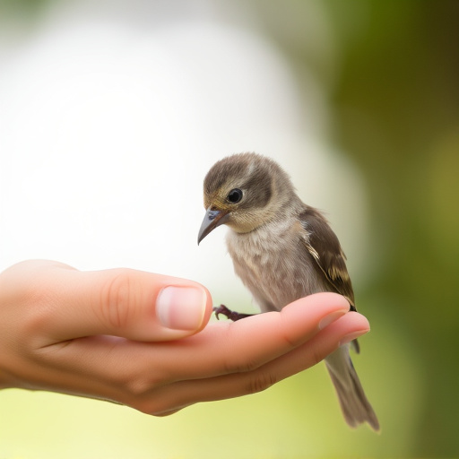 Young fledgling bird being hand-fed