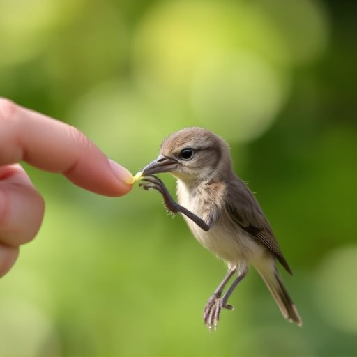 Young fledgling bird being hand-fed