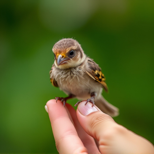 Young fledgling bird being hand-fed