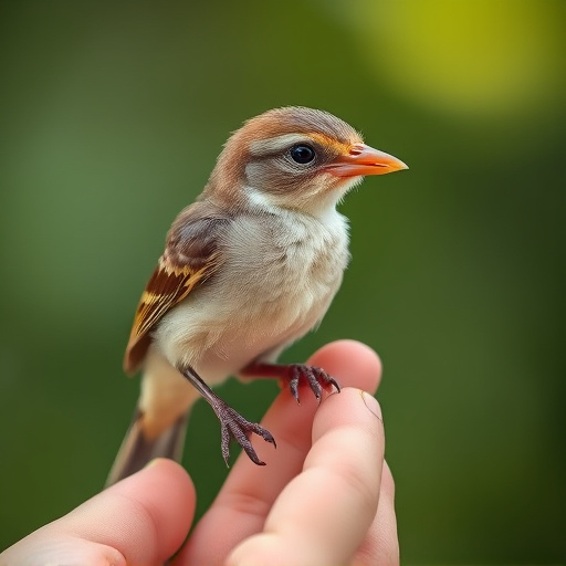 Young fledgling bird being hand-fed