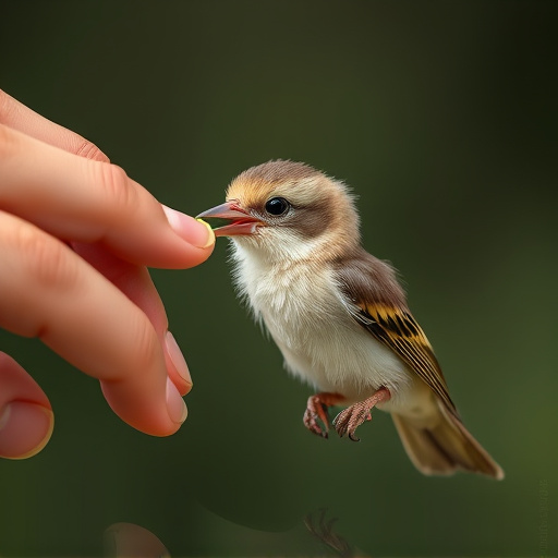 Young fledgling bird being hand-fed