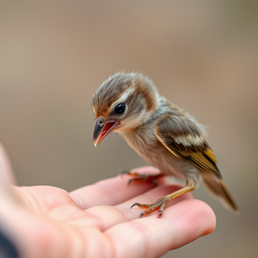 Young fledgling bird being hand-fed